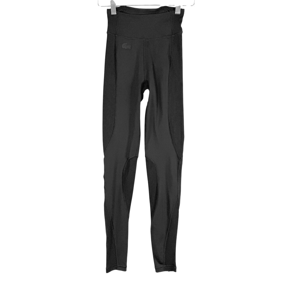 Lacoste Sport Leggings Women XS Black Mesh Panel High Rise Athletic Tights